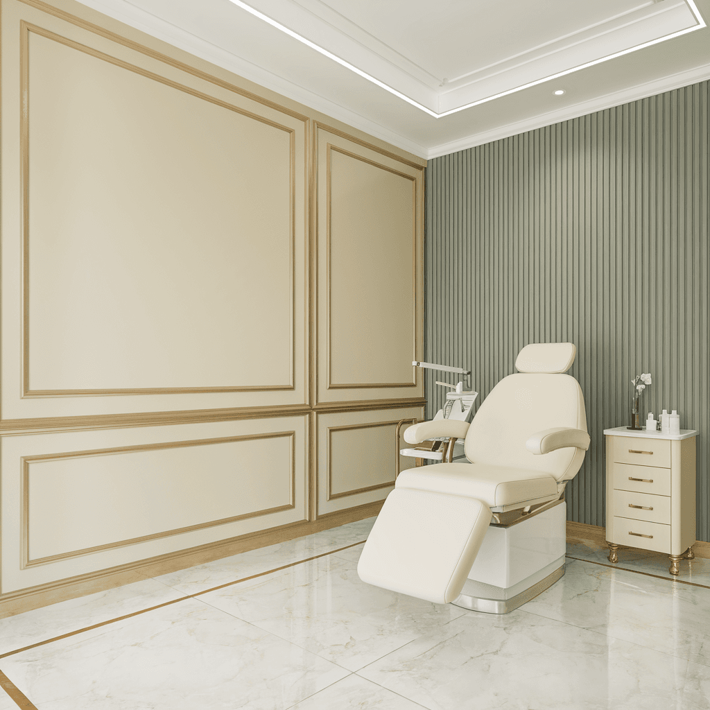 Eleganter Behandlungsraum eines Beauty-Studios mit cremefarbenem Behandlungsstuhl und Salbeigrün-Wand